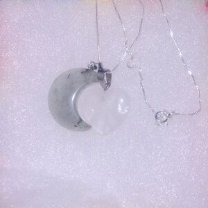 Boho natural Rainbow Moonstone Moon Quartz Crystal Heart Sterling Silver 16” N…